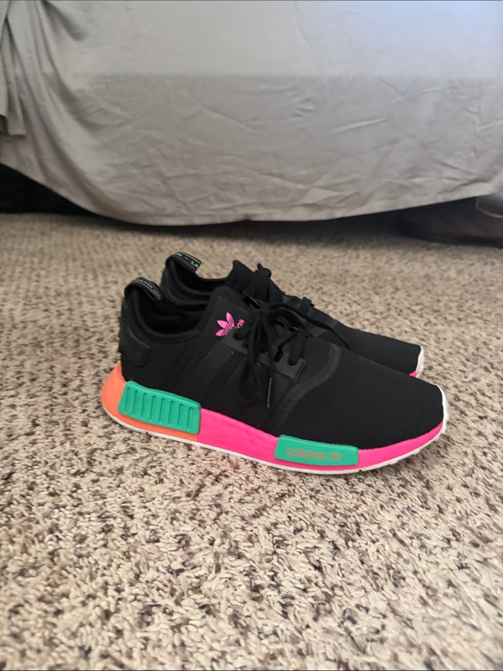 Adidas Adult Black Sneakers with Pink, Green & Orange Accents